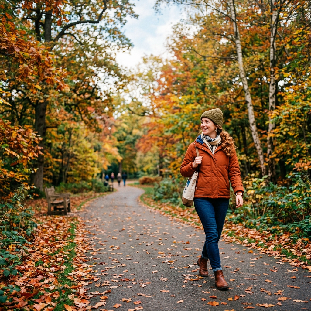 Smiling woman walking along a tree-lined autumn park path