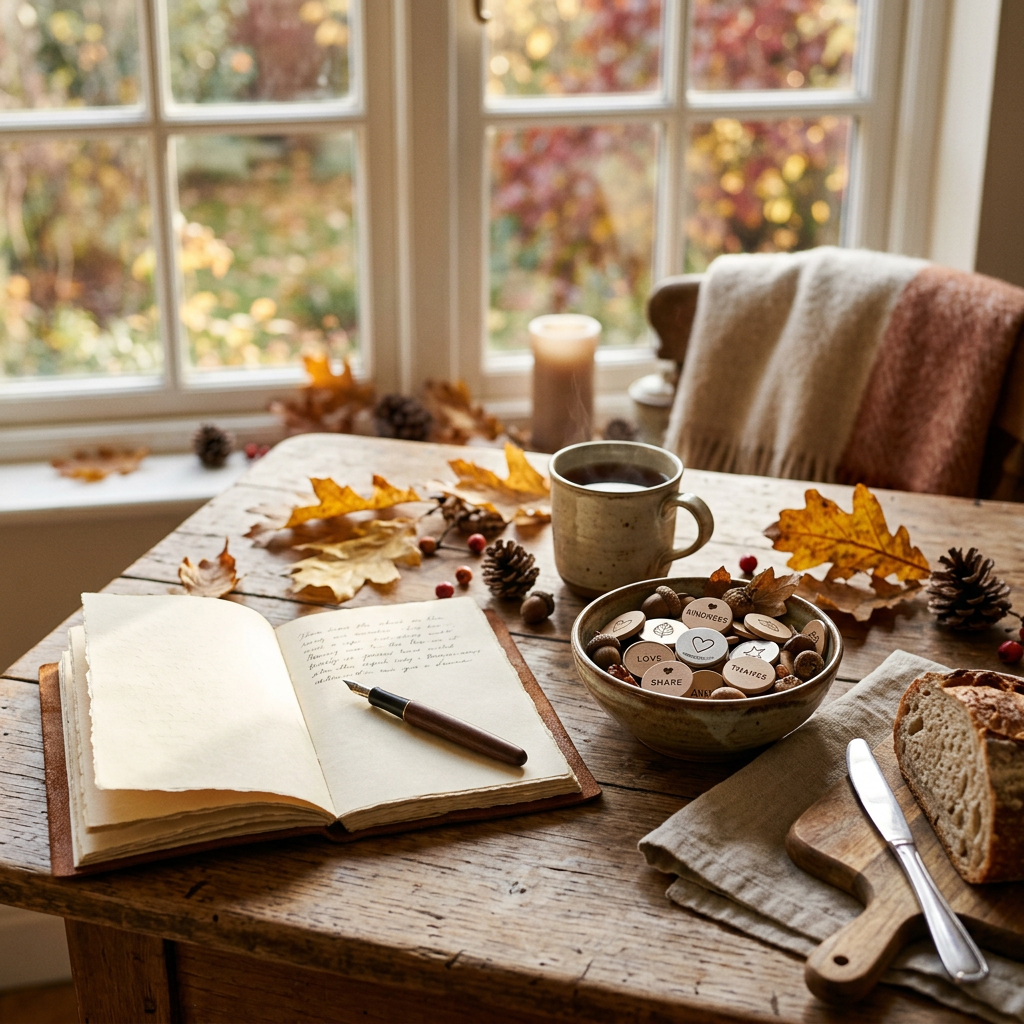 Open journal, pen, tea, autumn leaves, treats, and bread on wooden table